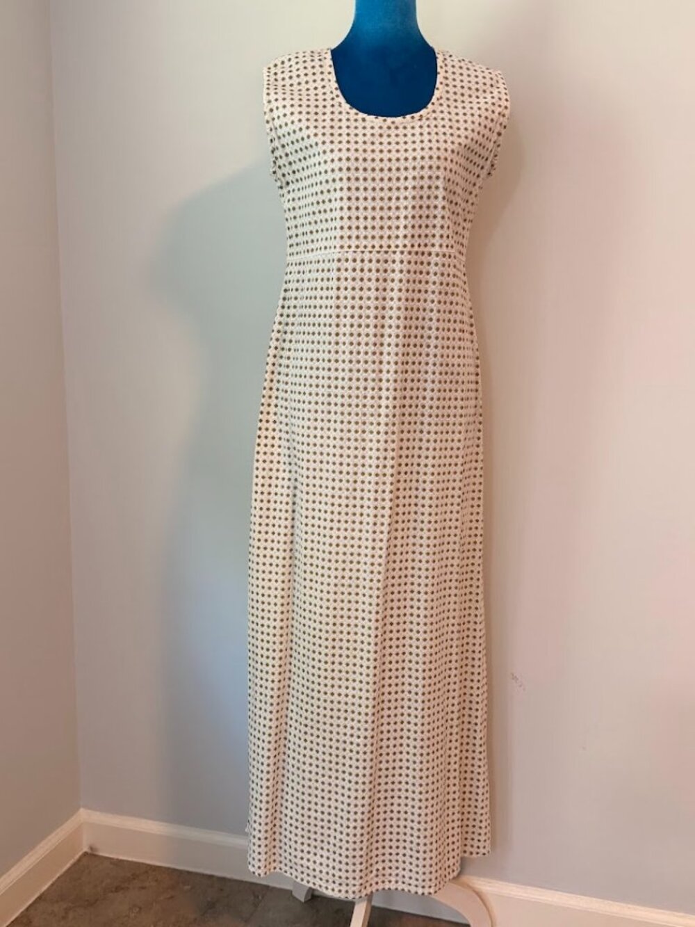 White & Gold Printed Maxi Dress, Sleeveless Polka Dot